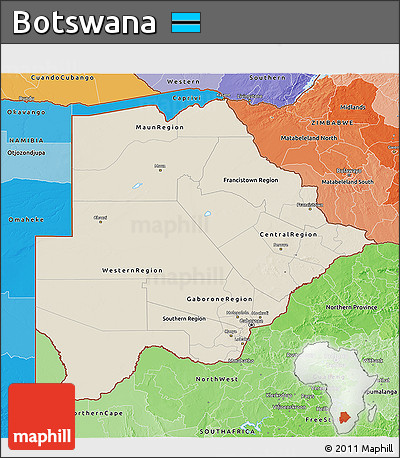 Shaded Relief 3D Map of Botswana, political shades outside