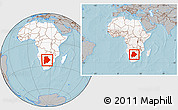 Gray Location Map of Botswana, highlighted continent, within the entire continent, hill shading