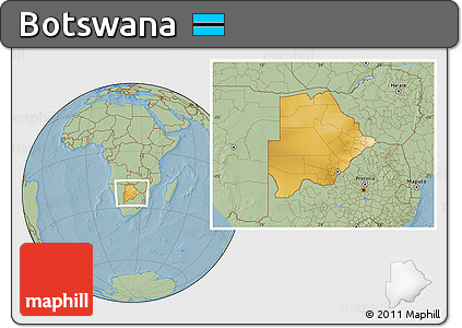 Physical Location Map of Botswana, savanna style outside, hill shading