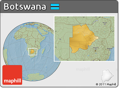 Physical Location Map of Botswana, savanna style outside, hill shading