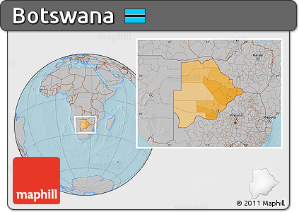 Political Location Map of Botswana, gray outside, hill shading