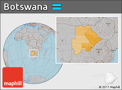 Political Location Map of Botswana, gray outside, hill shading
