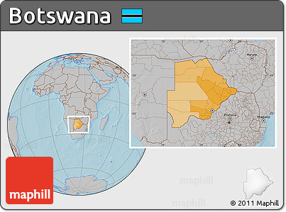 Political Location Map of Botswana, gray outside, hill shading