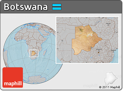 Satellite Location Map of Botswana, gray outside, hill shading