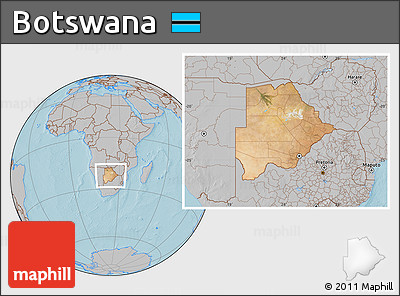 Satellite Location Map of Botswana, gray outside, hill shading