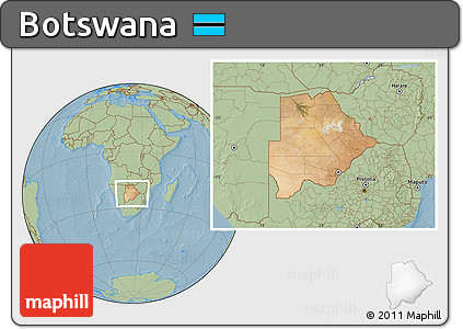 Satellite Location Map of Botswana, savanna style outside, hill shading