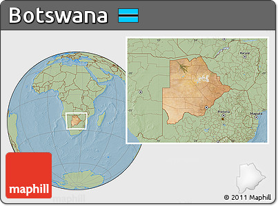 Satellite Location Map of Botswana, savanna style outside, hill shading