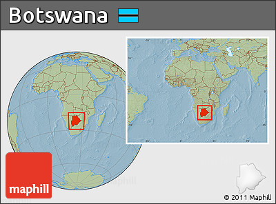 Savanna Style Location Map of Botswana, within the entire continent, hill shading
