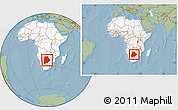 Savanna Style Location Map of Botswana, highlighted continent, within the entire continent, hill shading