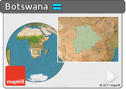 Savanna Style Location Map of Botswana, satellite outside, hill shading