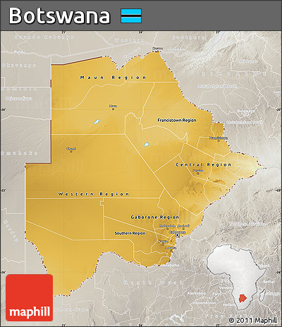 Physical Map of Botswana, lighten, semi-desaturated