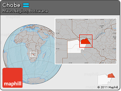 Gray Location Map of Chobe, highlighted parent region, hill shading