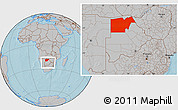 Gray Location Map of Maun Region, within the entire country, hill shading