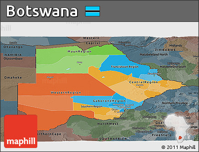 Political Panoramic Map of Botswana, darken, semi-desaturated