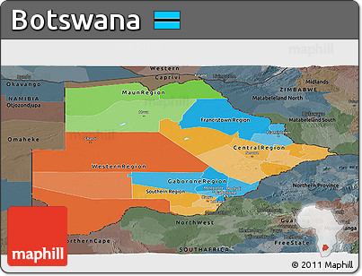 Political Panoramic Map of Botswana, darken, semi-desaturated