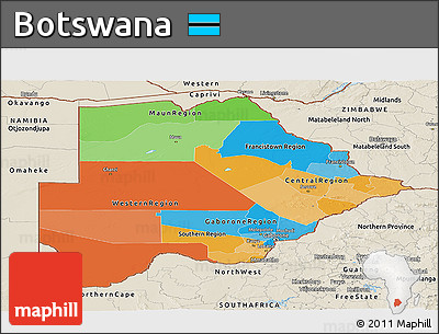 Political Panoramic Map of Botswana, shaded relief outside