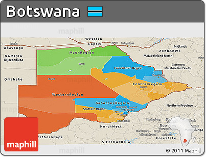 Political Panoramic Map of Botswana, shaded relief outside