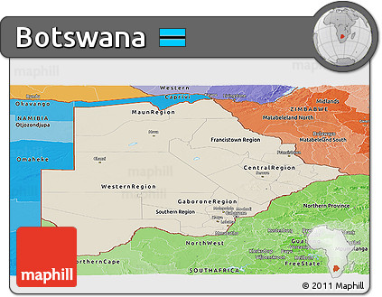 Shaded Relief Panoramic Map of Botswana, political shades outside