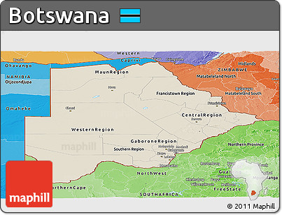 Shaded Relief Panoramic Map of Botswana, political shades outside