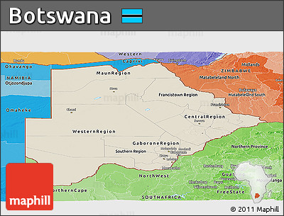 Shaded Relief Panoramic Map of Botswana, political shades outside