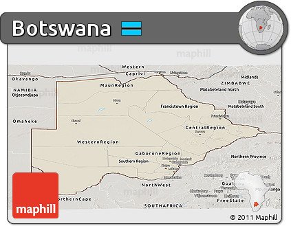 Shaded Relief Panoramic Map of Botswana, semi-desaturated