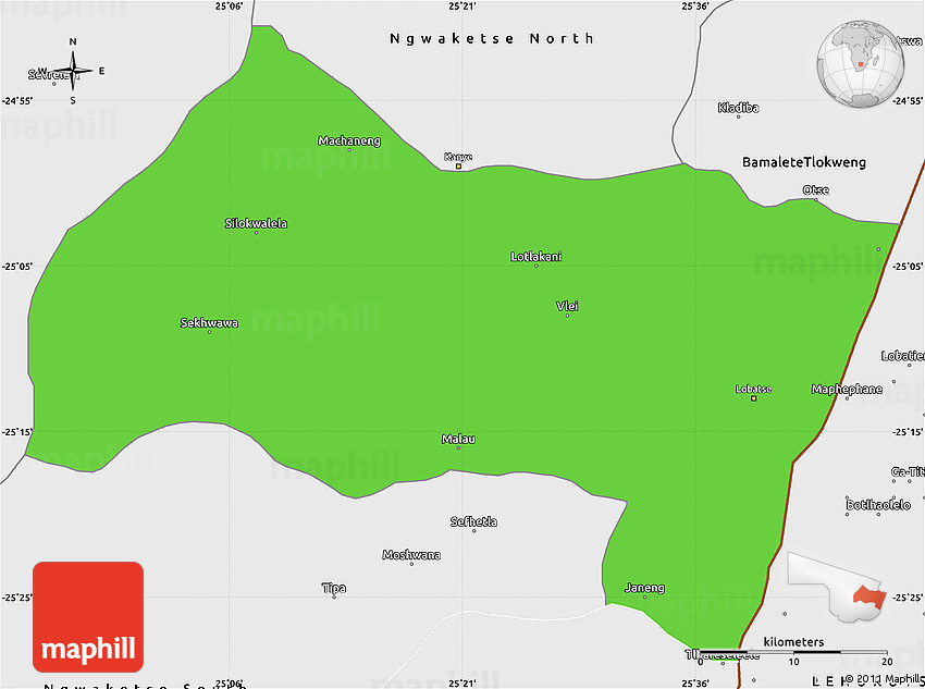 Political Simple Map of Ngwaketse Centra, single color outside, borders
