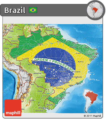 Flag 3D Map of Brazil, physical outside, flag centered