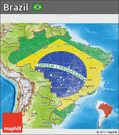 Flag 3D Map of Brazil, physical outside, flag centered