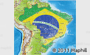 Flag 3D Map of Brazil, physical outside, flag centered