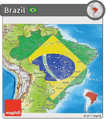 Flag 3D Map of Brazil, physical outside, flag rotated