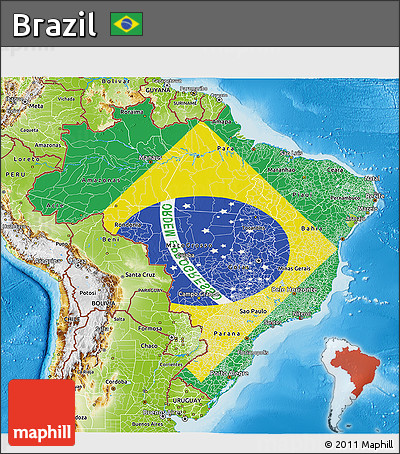 Flag 3D Map of Brazil, physical outside, flag rotated