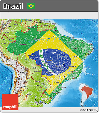 Flag 3D Map of Brazil, physical outside, flag rotated