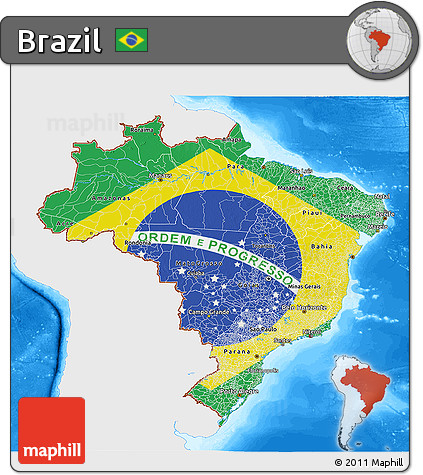 Flag 3D Map of Brazil, single color outside, bathymetry sea, flag centered