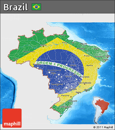 Flag 3D Map of Brazil, single color outside, bathymetry sea, flag centered