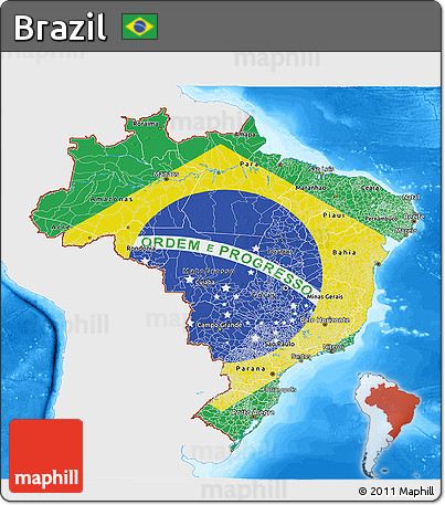 Flag 3D Map of Brazil, single color outside, bathymetry sea, flag centered