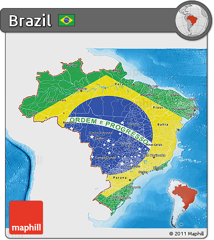 Flag 3D Map of Brazil, single color outside, bathymetry sea, shaded relief sea, flag centered