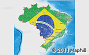 Flag 3D Map of Brazil, single color outside, shaded relief sea