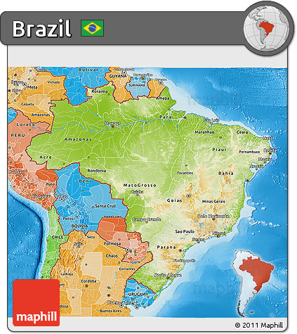 Physical 3D Map of Brazil, political shades outside, shaded relief sea