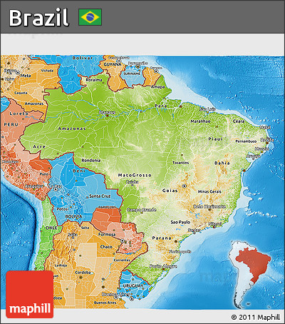 Physical 3D Map of Brazil, political shades outside, shaded relief sea