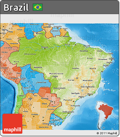 Physical 3D Map of Brazil, political shades outside, shaded relief sea