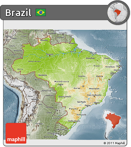 Physical 3D Map of Brazil, semi-desaturated