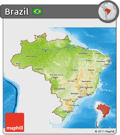 Physical 3D Map of Brazil, single color outside