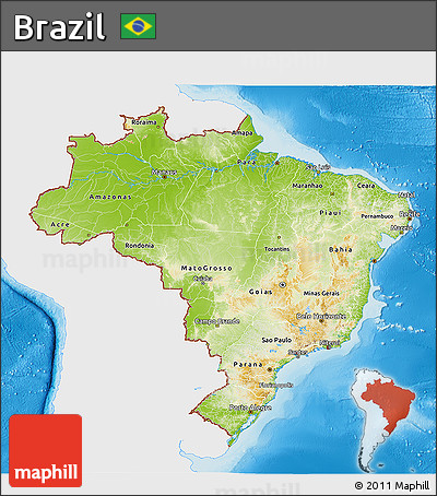 Physical 3D Map of Brazil, single color outside