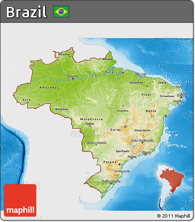 Physical 3D Map of Brazil, single color outside