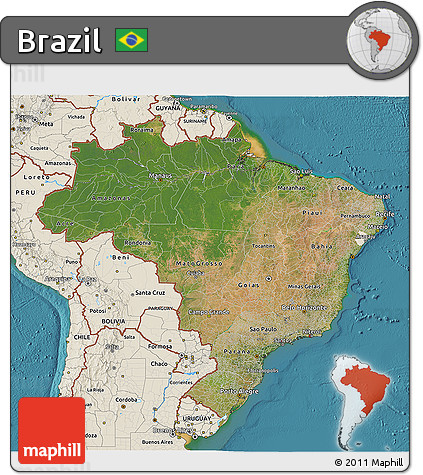 Satellite 3D Map of Brazil, shaded relief outside, satellite sea