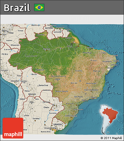 Satellite 3D Map of Brazil, shaded relief outside, satellite sea