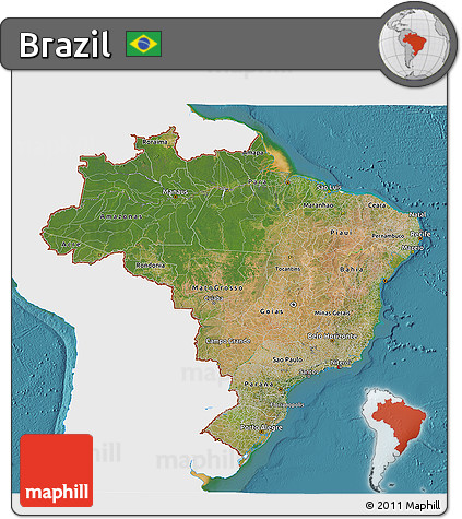 Satellite 3D Map of Brazil, single color outside