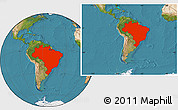 Satellite Location Map of Brazil, within the entire continent