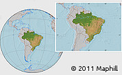 Satellite Location Map of Brazil, gray outside, hill shading