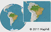 Satellite Location Map of Brazil, lighten, semi-desaturated, land only